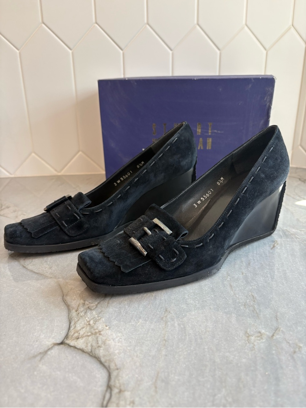Stuart Weitzman black Suede Buckle Fringe Wedges size 8.5